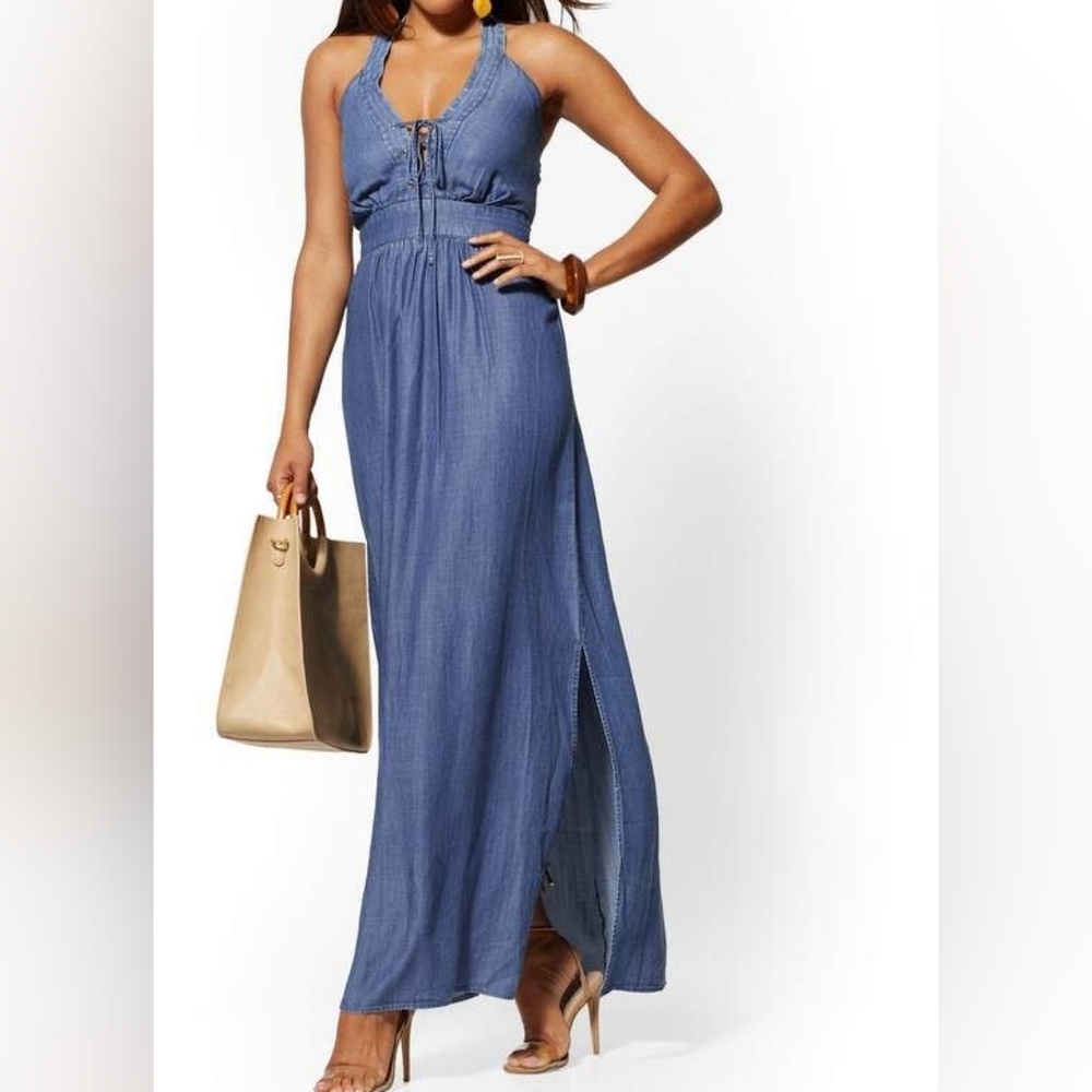 XXL NWT New York & Company Lace Front Halter Maxi Chambray Dress